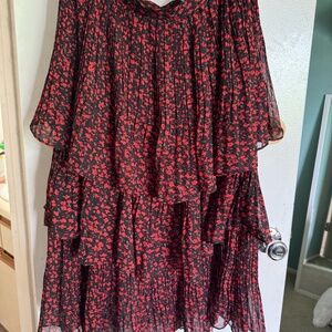 Pleated Mid-length Red and Black Floral Skirt